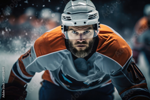 Hockey player, Focused and intense, The player determined expression.