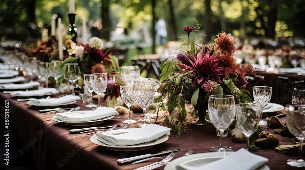 An outdoor wedding lunch table, arranged in a beautiful and elegant manner, Generative AI.