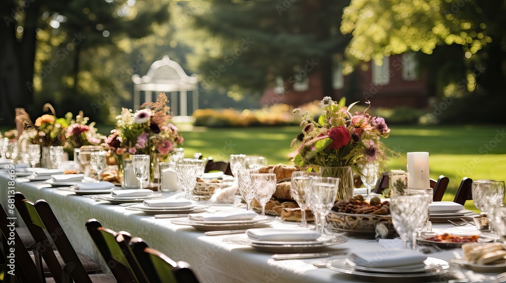 An outdoor wedding lunch table, arranged in a beautiful and elegant manner, Generative AI. An outdoor wedding lunch table, arranged in a beautiful and elegant manner, Generative AI.