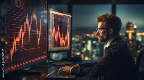 Financial Analyst, Digital Entrepreneur Successfully Trading, Financial charts overlay with background, Portrait of Stock Market Trader Doing Analysis of Investment Charts, Graphs.