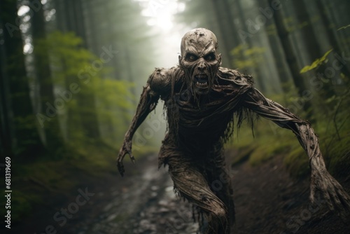 Zombie  Disfigured humanoid creature running towards you very fast in forest.
