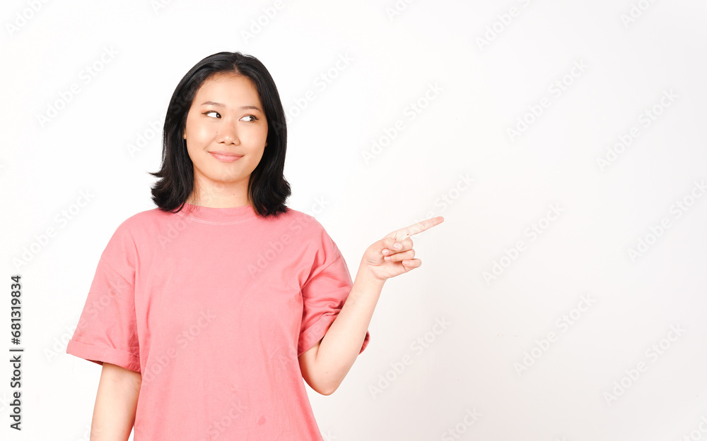 Smiling and Pointing side copy space Of Beautiful Asian Woman Isolated On White Background Smiling and Pointing side copy space Of Beautiful Asian Woman Isolated On White Background