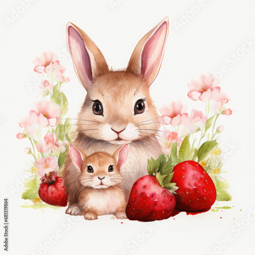 Cute mom and baby rabbit, fruits with flower Illustration, Generative Ai