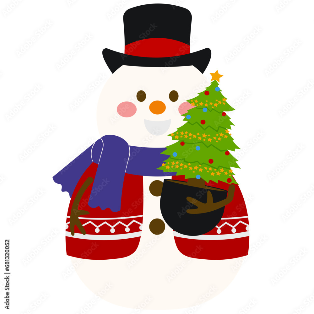 Cute Snowman With Christmas Pine Tree Illustration Cute Snowman With Christmas Pine Tree Illustration