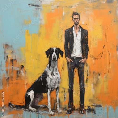 A Man and His Loyal Companion: A Heartwarming Painting of Friendship and Loyalty. A colourful painting of a man standing next to a dog photo