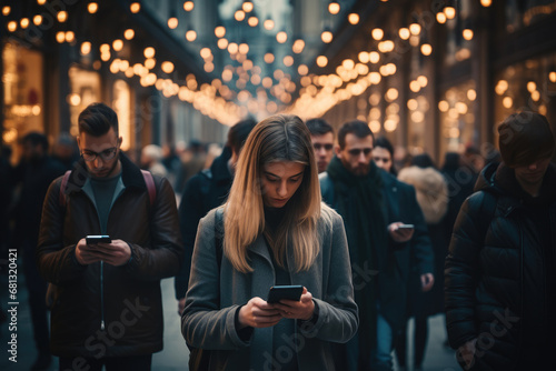 A crowd of people is walking by the street and checking their smartphones. photo
