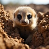 Photo of a baby meerkat standing guard over its burrow. Generative AI