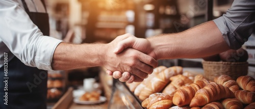 defocused handshake at a modern pastry cafe, with a minimalist design and trendy desserts, in a contemporary bakery photo