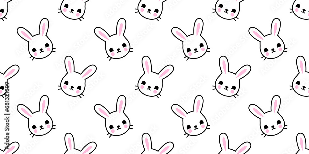 Happy rabbit cartoon doodle seamless pattern. Funny bunny face flat illustration background. Animal texture print, easter character wallpaper.	
