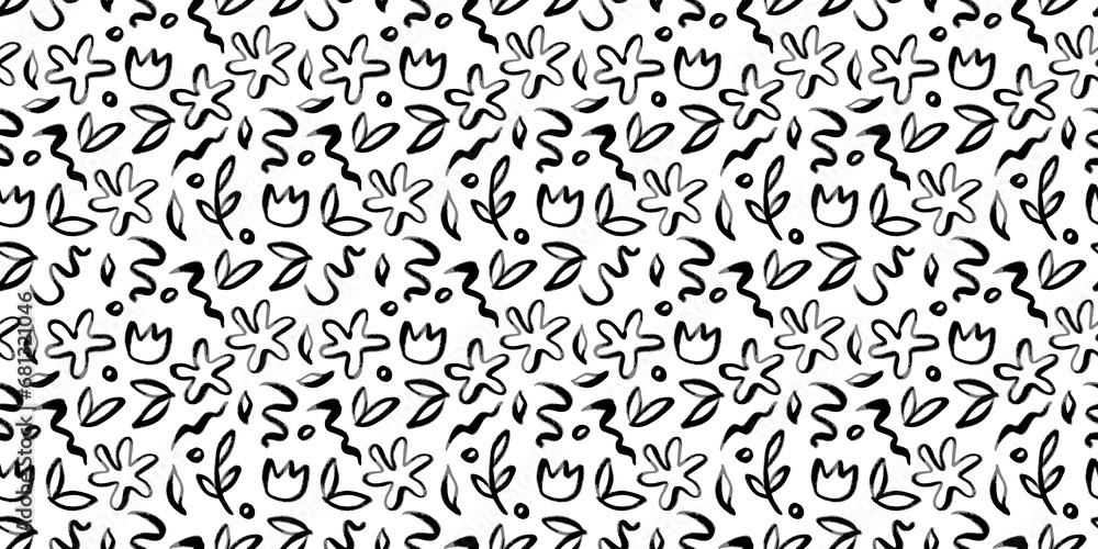 Abstract hand drawn seamless pattern illustration of line doodles. Nature background design with flower, leaf and wavy scribble.	
