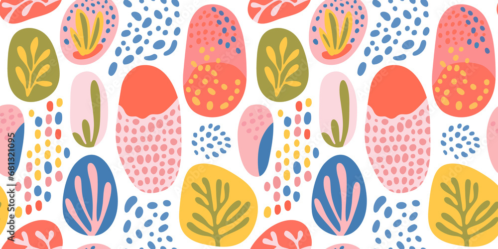 Abstract plant leaf art seamless pattern with colorful doodle shape. Organic leaves cartoon background, simple nature shapes in vintage pastel colors.	
