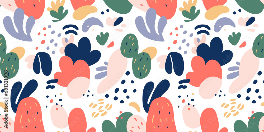 Abstract nature flower plant leaf art seamless pattern with colorful doodle shape. Organic leaves cartoon background, simple floral shapes in modern pastel colors.
Abstract nature flower plant leaf art seamless pattern with colorful doodle shape. Organic leaves cartoon background, simple floral shapes in modern pastel colors.