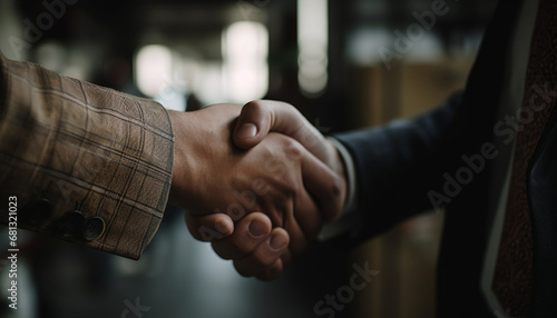 Successful businessmen shaking hands in corporate office, sealing agreement generated by AI photo