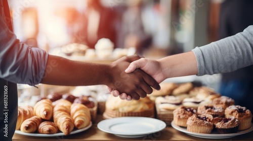 defocused handshake at a modern pastry cafe, with a minimalist design and trendy desserts, in a contemporary bakery