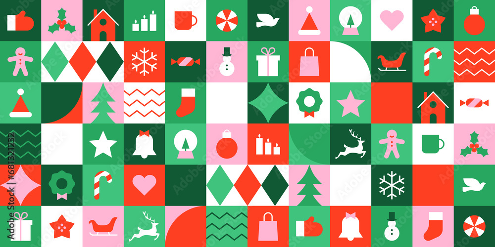 Modern geometric christmas mosaic seamless pattern. Abstract xmas holiday icon background with traditional winter decoration. Festive party invitation texture, minimalist december event print.