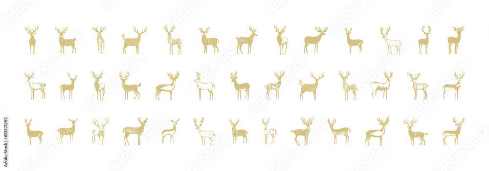Hand drawn deer doodle illustration set. Vintage style reindeer drawing collection. Holiday animal element bundle, christmas decoration on isolated background.	 - obrazy, fototapety, plakaty 