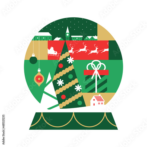 Merry Christmas snow globe illustration for xmas celebration event. Modern geometric cartoon includes santa claus with reindeer  gift box  pine tree and more. 
