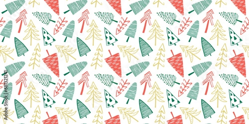 Hand drawn christmas tree seamless pattern illustration. Vintage style pine drawing background for festive xmas celebration event. Holiday nature texture print, december decoration wallpaper. 