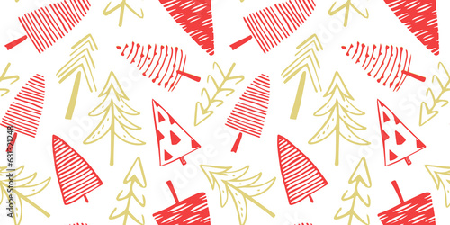 Hand drawn christmas tree seamless pattern illustration. Vintage style pine drawing background for festive xmas celebration event. Holiday nature texture print, december decoration wallpaper. 