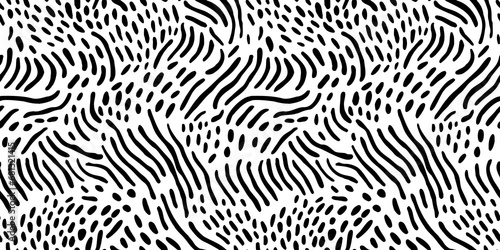Abstract black and white line doodle seamless pattern. Creative squiggle style drawing background, trendy design with basic shapes. Simple hand drawn wallpaper print texture. 