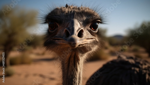 Ostrich portrait large beak, blue eye, hairy neck, watching outdoors generated by AI