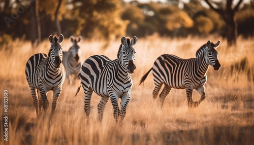 Small group of striped mammals grazing in African wilderness reserve generated by AI