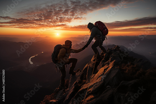silhouette of two male hikers helping each other climb up a mountain during sunset. Teamwork and perseverance.