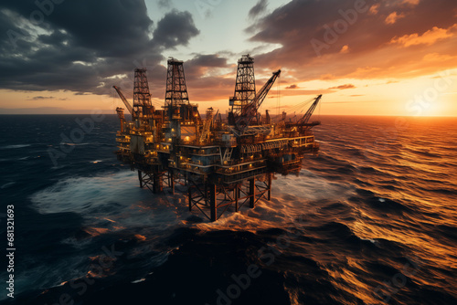 offshore oil rig platform during sunset