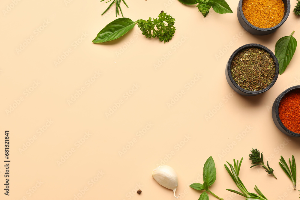 Composition with bowls of spices and herbs on color background Composition with bowls of spices and herbs on color background