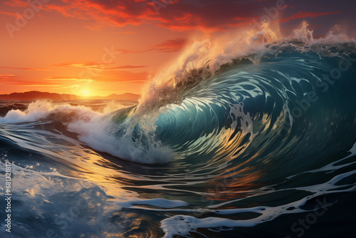 colourful big blue wave open sea during sunset