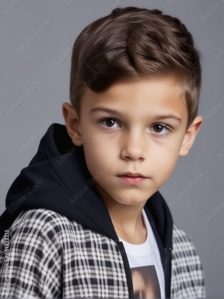 Potrait of young boy with hairstyle and trendy outfit Potrait of young boy with hairstyle and trendy outfit