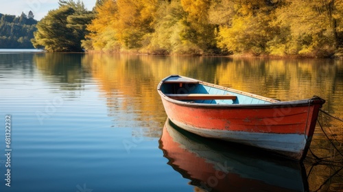 Rowboat Tied at Lakeside in Autumn photo