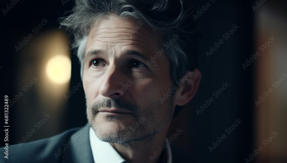 Confident businessman with gray hair, looking at camera outdoors at night generated by AI Confident businessman with gray hair, looking at camera outdoors at night generated by AI