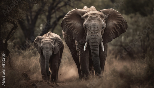 Large African elephant herd walking through tranquil savannah wilderness generated by AI