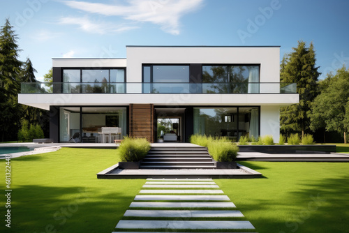 a minimalist modern house with grass lawn © Kien