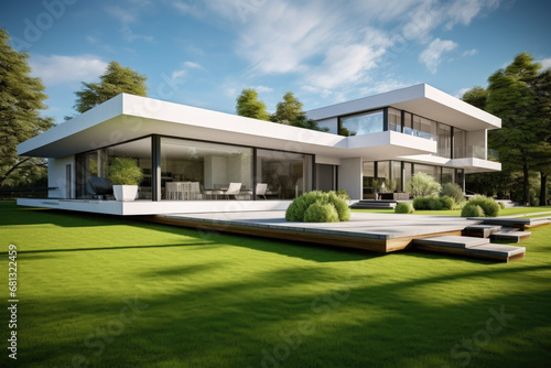 a minimalist modern house with grass lawn © Kien