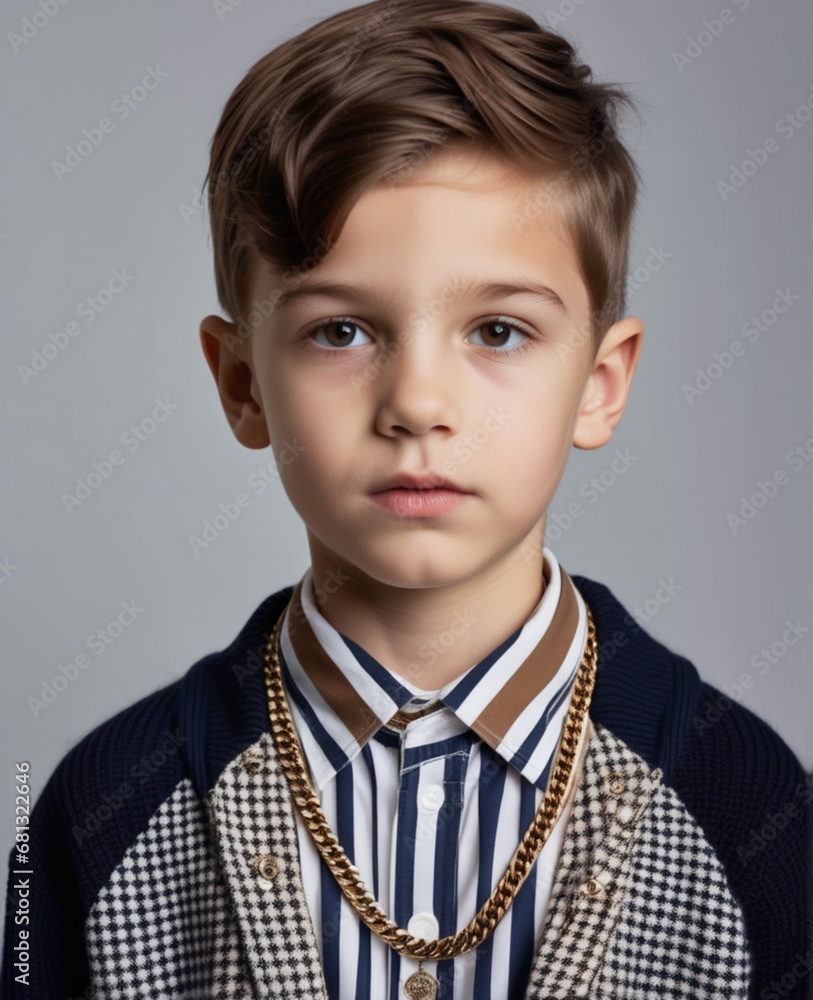 Potrait of young boy with hairstyle and trendy outfit Potrait of young boy with hairstyle and trendy outfit