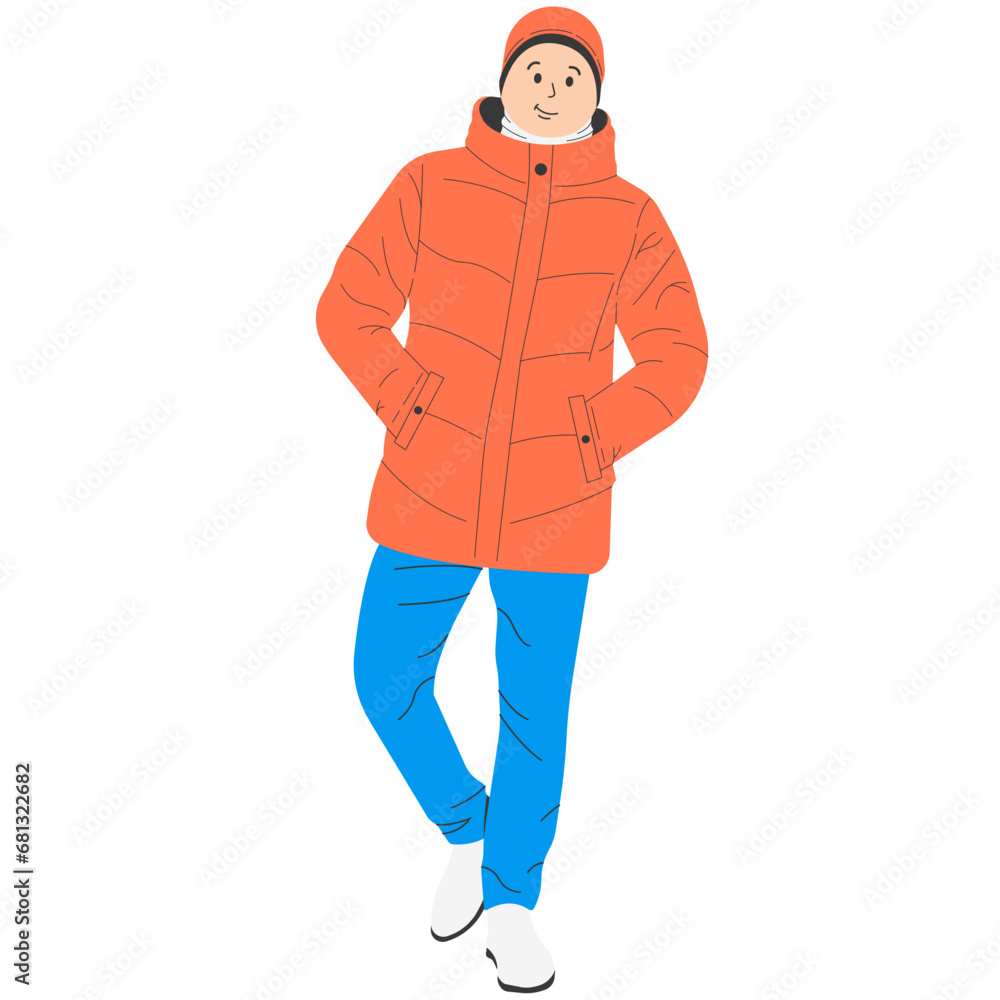 Man in Orange Jacket Walking in Winter Illustration Man in Orange Jacket Walking in Winter Illustration