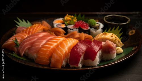Fresh seafood plate sashimi, nigiri, maki, tuna, eel, prawn generated by AI