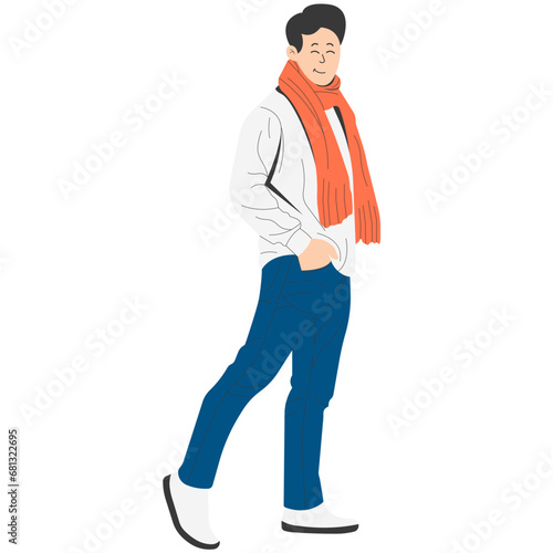 Man in White Sweater and Scarf Enjoying Winter Walk Illustration