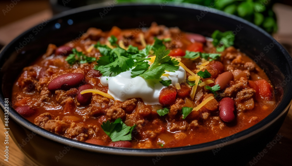 Organic beef stew with savory sauce, fresh vegetables and herbs generated by AI Organic beef stew with savory sauce, fresh vegetables and herbs generated by AI