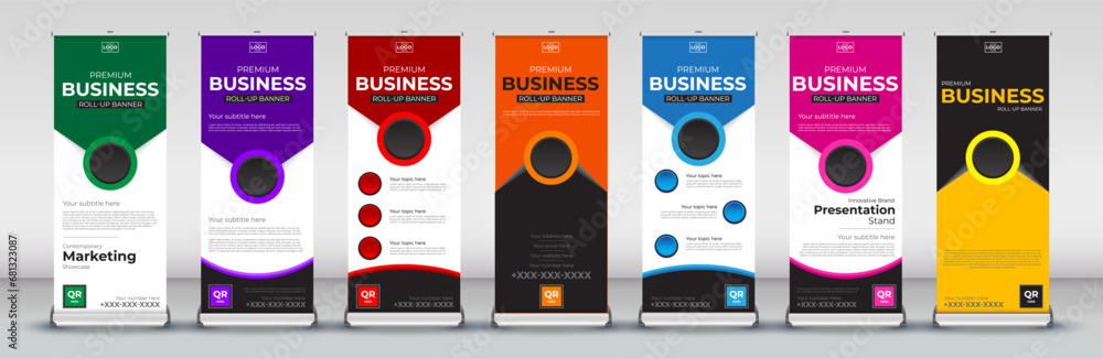 Abstract roll up Banner Design set for signboard Advertising Template standee X banner for Street Business in red, green, blue, yellow, orange, purple, orange  