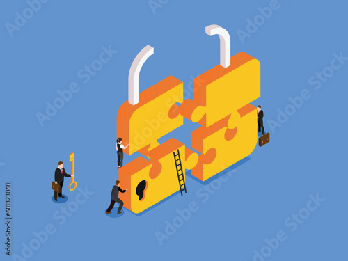 Business team security lock puzzle with jigsaw keyword isometric 3d vector illustration concept