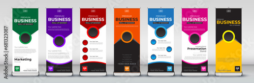 Abstract roll up Banner Design set for signboard Advertising Template standee X banner for Street Business in red, green, blue, yellow, orange, purple, orange  