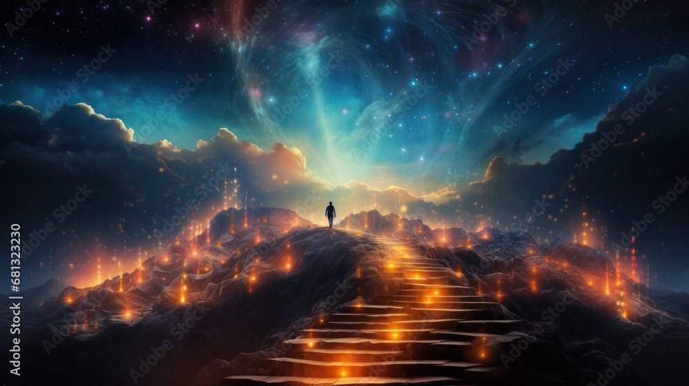 Person on Illuminated Pathway to Celestial Horizon