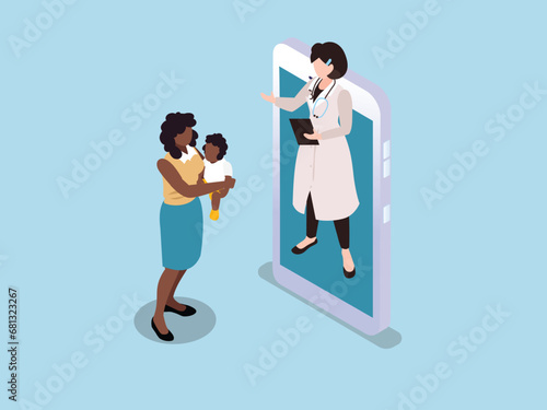 Pediatrician consultation with mother and daughter on mobile phone online with stethoscope isometric 3d vector illustration concept