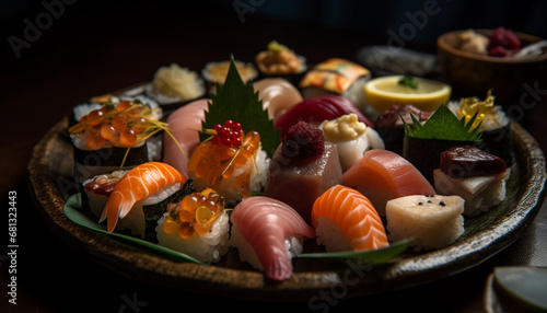 Fresh seafood meal sashimi, nigiri, maki sushi, prawn, tuna, avocado generated by AI
