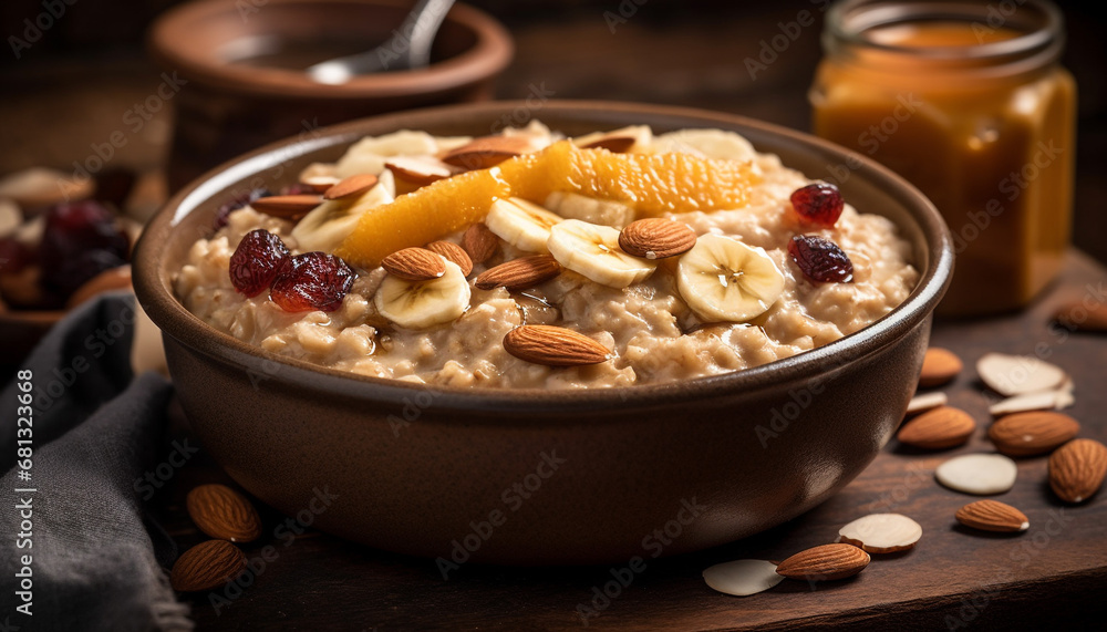 Organic granola bowl with fresh fruit, almond, and honey yogurt generated by AI Organic granola bowl with fresh fruit, almond, and honey yogurt generated by AI