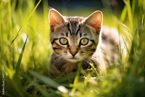 Amidst the rural tranquility, a sweet tabby cat enjoys the sunny meadow, showcasing the beauty of nature and youth. AI Generative freshness.