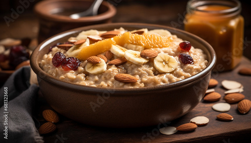 Organic granola bowl with fresh fruit, almond, and honey yogurt generated by AI